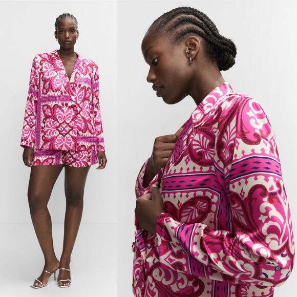 MANGO Printed Lapels Shirt Double Breasted Blouse Fuchsia Pink size 4 - Picture 5 of 13